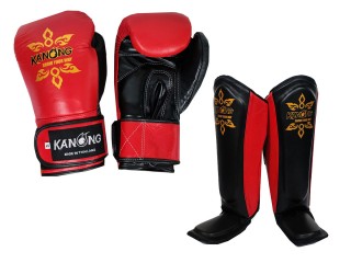 Kanong Genuine Leather Boxing Gloves + Shin Pads : Red/Black